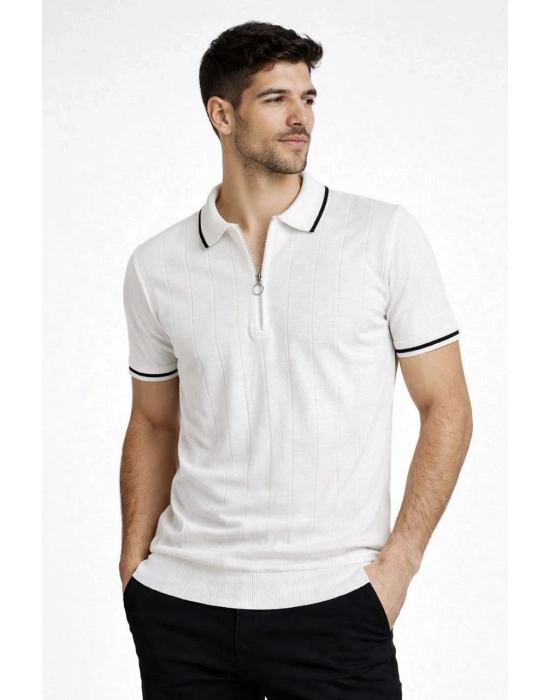 Erkek Fermuarlı Yaka Fitilli Triko Kısa Kollu Regular Fit Tişört T-shirt - Beyaz