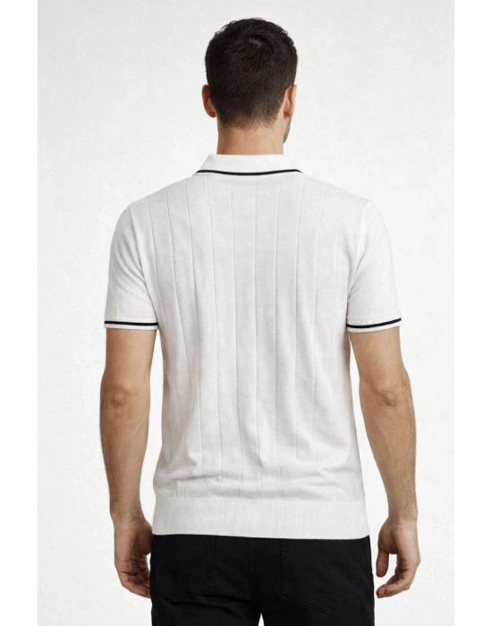 Erkek Fermuarlı Yaka Fitilli Triko Kısa Kollu Regular Fit Tişört T-shirt - Beyaz