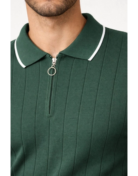 Erkek Fermuarlı Yaka Fitilli Triko Kısa Kollu Regular Fit Tişört T-shirt - Yeşil