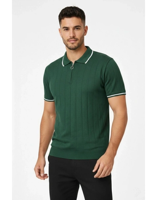 Erkek Fermuarlı Yaka Fitilli Triko Kısa Kollu Regular Fit Tişört T-shirt - Yeşil