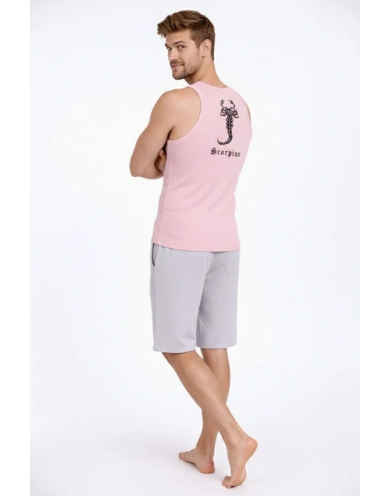 Erkek Fitilli Atlet Sıfır Yaka Slim Fit Arka Baskılı Spor Atlet - Pembe