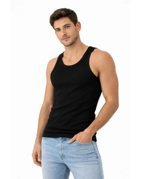 Erkek Fitilli Likralı Kaşkorse Atlet Vücuda Oturan Basic Şıklık - Siyah