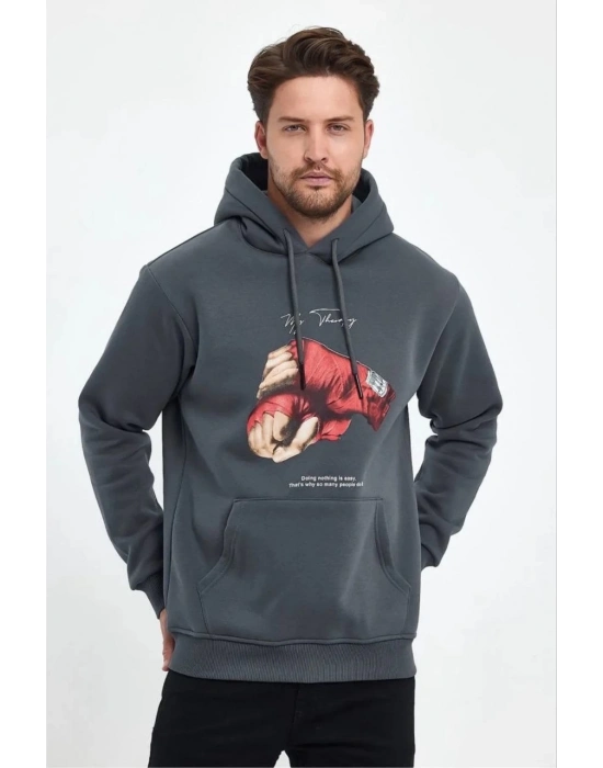 Erkek 3 İplik Pamuklu Kapüşonlu Cepli Boks Eldiven Baskılı Hoodie Sweatshirt - Füme