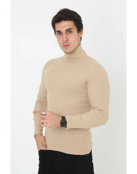 Erkek Kaşkorse Boğazlı Full Likralı Fitilli Body Kazak - Bej