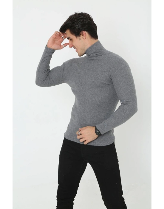 Erkek Kaşkorse Boğazlı Full Likralı Fitilli Body Kazak - Füme