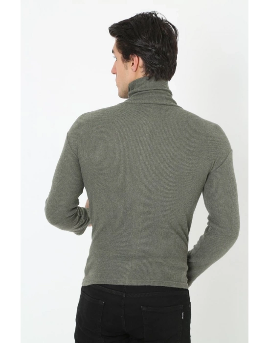 Erkek Kaşkorse Boğazlı Full Likralı Fitilli Body Kazak - Haki