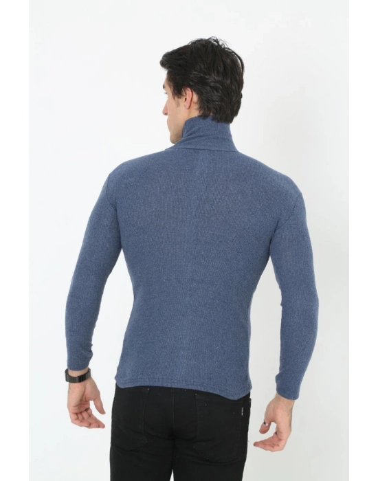 Erkek Kaşkorse Boğazlı Full Likralı Fitilli Body Kazak - İndigo