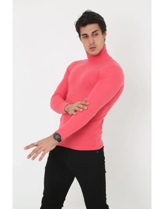 Erkek Kaşkorse Boğazlı Full Likralı Fitilli Body Kazak - Pembe