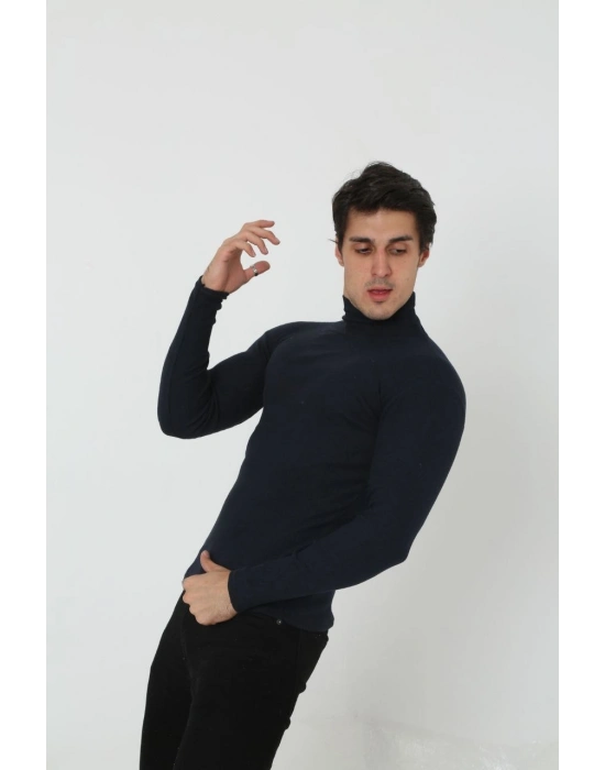 Erkek Kaşkorse Boğazlı Full Likralı Fitilli Body Kazak - Siyah