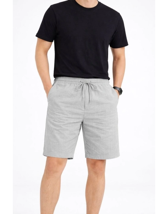 Erkek Keten Kumaş Cepli Rahat Kesim Bel Lastikli Şort - Gri