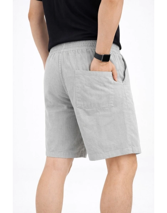 Erkek Keten Kumaş Cepli Rahat Kesim Bel Lastikli Şort - Gri