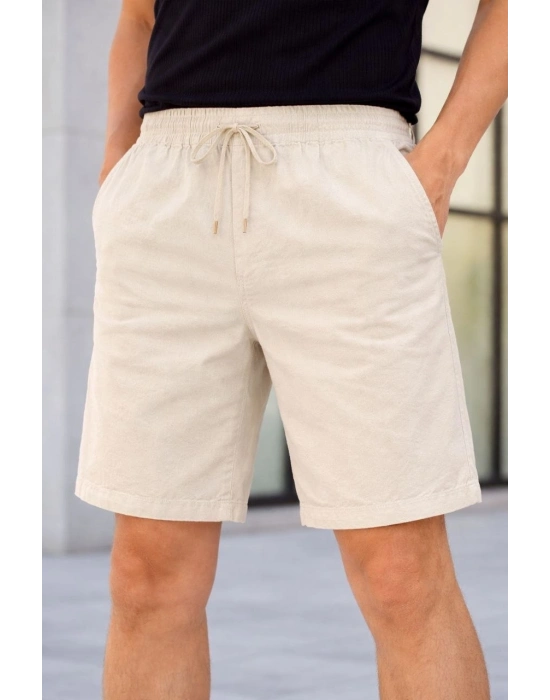 Erkek Keten Kumaş Cepli Rahat Kesim Bel Lastikli Şort - Krem