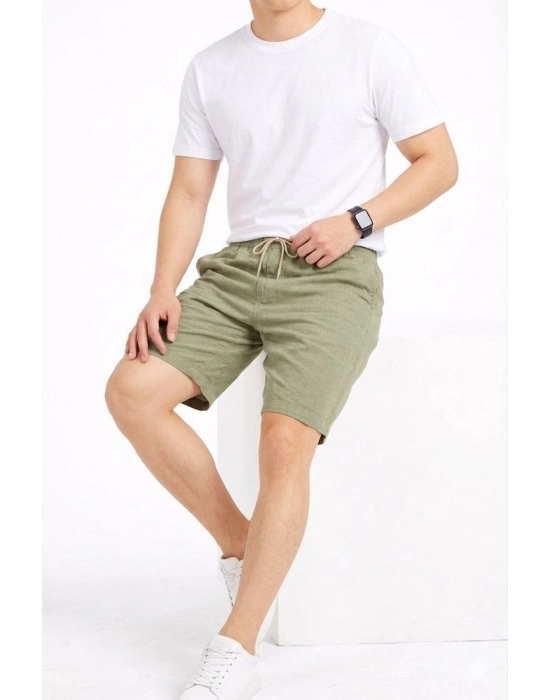 Erkek Keten Kumaş Cepli Rahat Kesim Bel Lastikli Şort - Mint Yeşili
