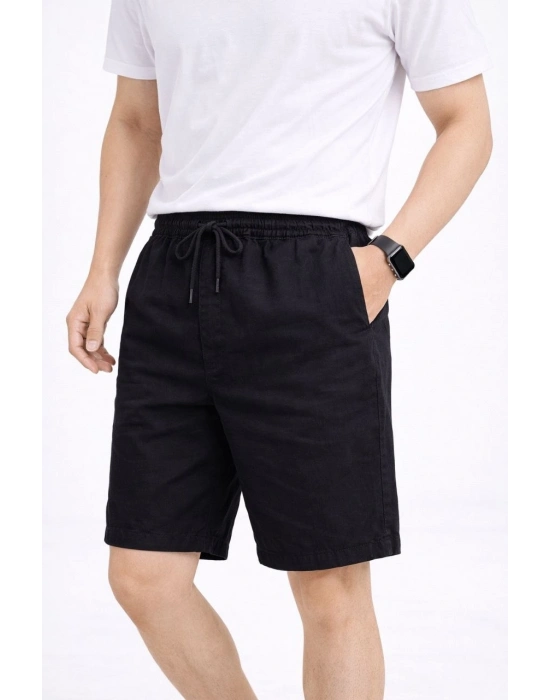 Erkek Keten Kumaş Cepli Rahat Kesim Bel Lastikli Şort - Siyah
