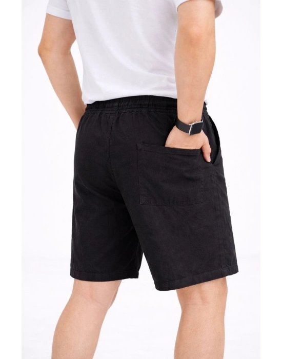 Erkek Keten Kumaş Cepli Rahat Kesim Bel Lastikli Şort - Siyah