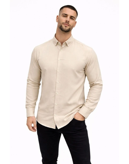 Erkek KETEN Kumaş Oversize Uzun Kollu Rahat Kalıp Gömlek - Bej