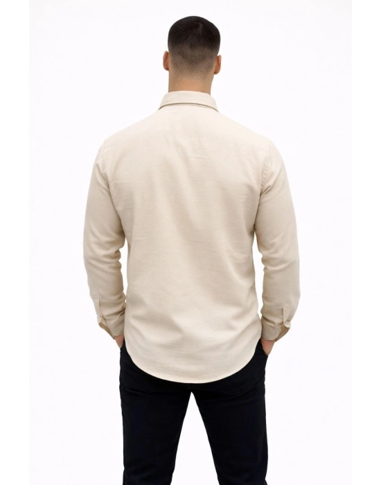 Erkek KETEN Kumaş Oversize Uzun Kollu Rahat Kalıp Gömlek - Bej
