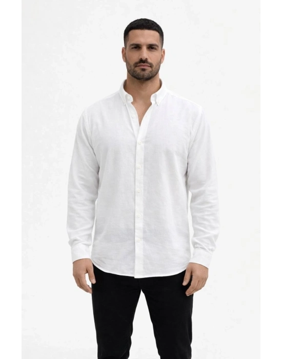 Erkek KETEN Kumaş Oversize Uzun Kollu Rahat Kalıp Gömlek - Beyaz