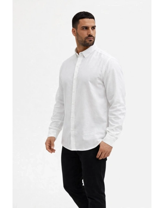 Erkek KETEN Kumaş Oversize Uzun Kollu Rahat Kalıp Gömlek - Beyaz