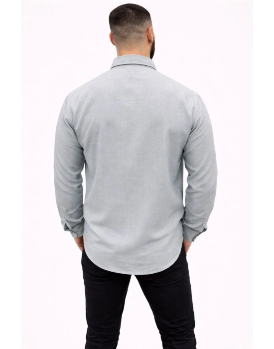 Erkek KETEN Kumaş Oversize Uzun Kollu Rahat Kalıp Gömlek - Boyalı Gri