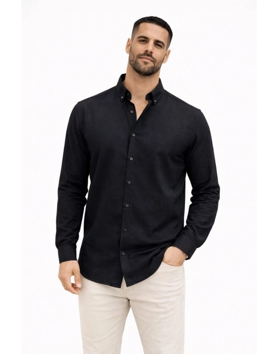 Erkek KETEN Kumaş Oversize Uzun Kollu Rahat Kalıp Gömlek - Siyah