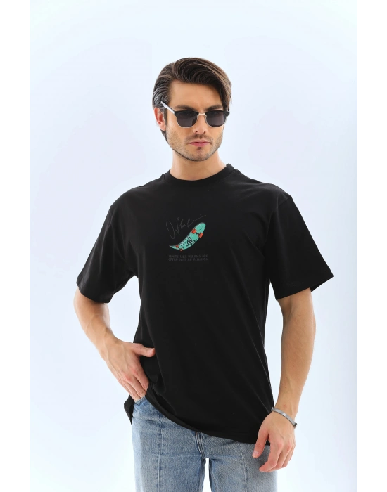 Erkek Kısa Kol Yazlık Tişört Bisiklet Yaka Baskılı Oversize T-Shirt - Siyah