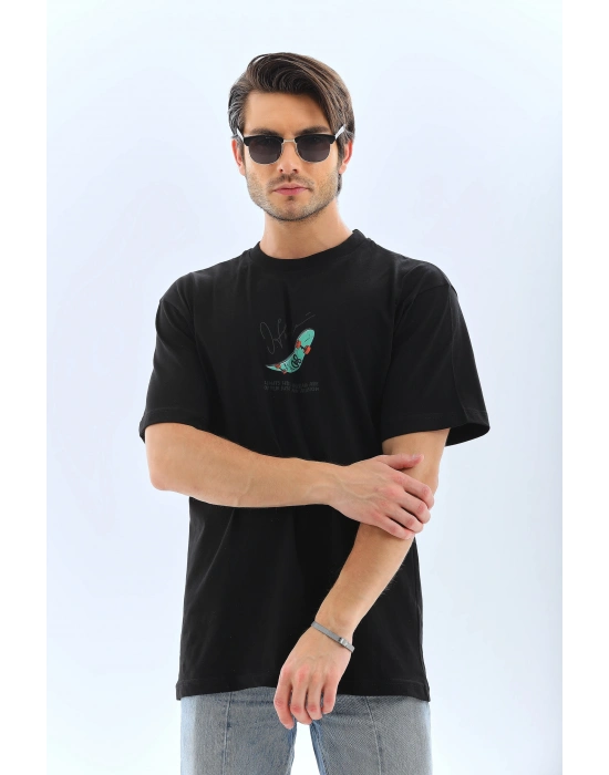 Erkek Kısa Kol Yazlık Tişört Bisiklet Yaka Baskılı Oversize T-Shirt - Siyah