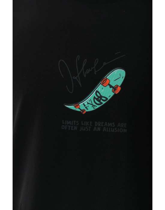 Erkek Kısa Kol Yazlık Tişört Bisiklet Yaka Baskılı Oversize T-Shirt - Siyah