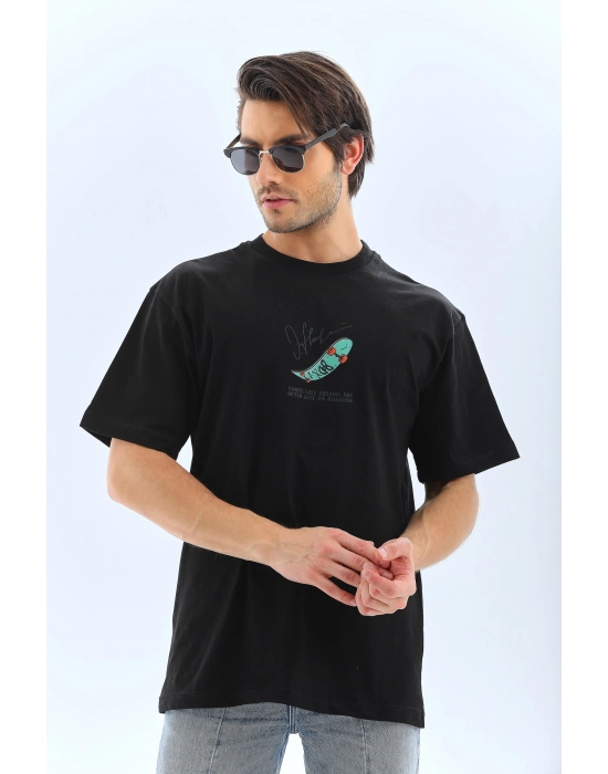 Erkek Kısa Kol Yazlık Tişört Bisiklet Yaka Baskılı Oversize T-Shirt - Siyah