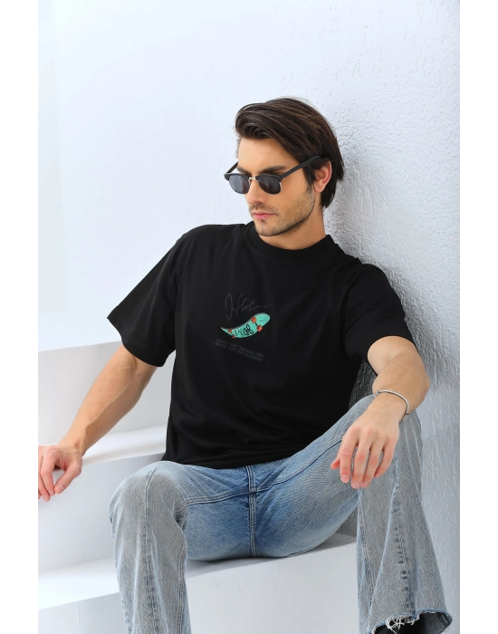 Erkek Kısa Kol Yazlık Tişört Bisiklet Yaka Baskılı Oversize T-Shirt - Siyah