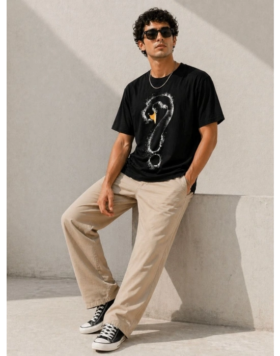 Erkek Kuğu Figürlü Soru İşareti Baskılı Tişört Kısa Kol T-Shirt - Siyah