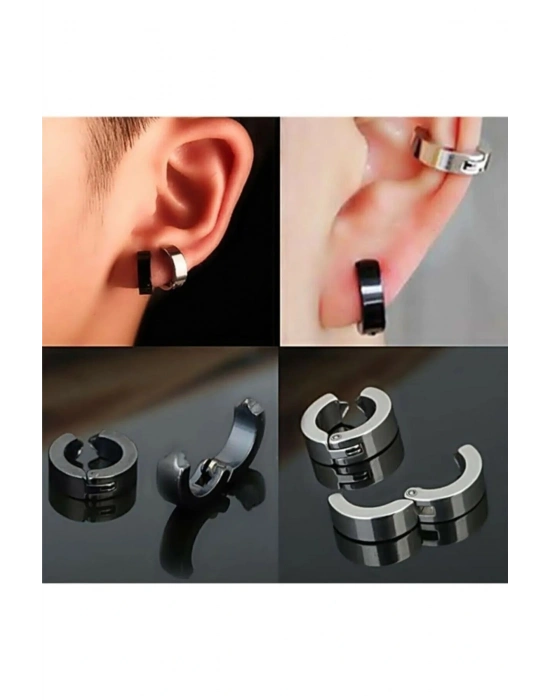 Erkek Küpesi - 2 Adet Çelik Kıstırmalı Küpe Paslanmaz Atmaz Çelik Gümüş Renk Küpe