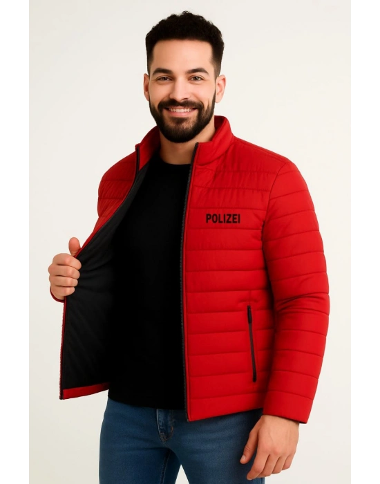 Erkek Mikro Su İtici Kapitone Baskılı Astarlı Fermuarlı Bomber Mont - Kırmızı