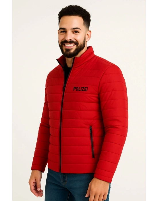 Erkek Mikro Su İtici Kapitone Baskılı Astarlı Fermuarlı Bomber Mont - Kırmızı