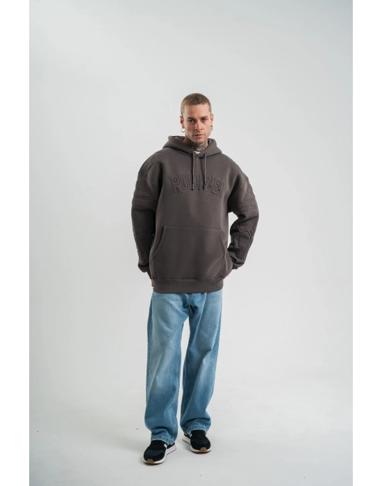 Erkek Nakış İşlemeli Kapşonlu Antrasit Sweatshirt Üç İplik Double Oversize- Füme