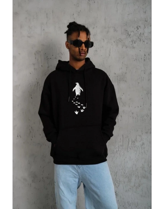 Erkek Nihilist Penguen Temalı Oversize Kapüşonlu Sweatshirt - Siyah