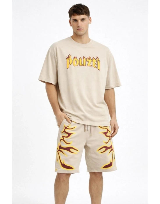 Erkek Oversize Baskılı Tişört Cepli Şort ikili Takım Kombin - Bej