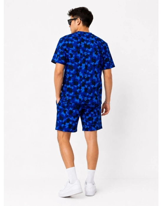 Erkek Oversize Kalıp Pubg Bape X Shark Nakışlı Cepli Şort Takım - Mavi