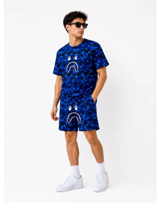 Erkek Oversize Kalıp Pubg Bape X Shark Nakışlı Cepli Şort Takım - Mavi