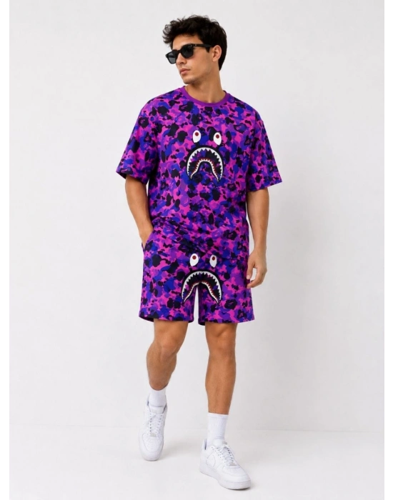 Erkek Oversize Kalıp Pubg Bape X Shark Nakışlı Cepli Şort Takım - Mor