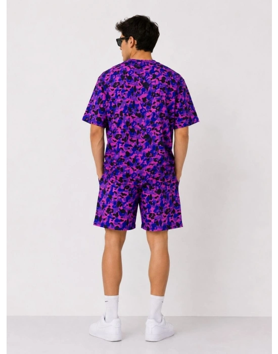 Erkek Oversize Kalıp Pubg Bape X Shark Nakışlı Cepli Şort Takım - Mor