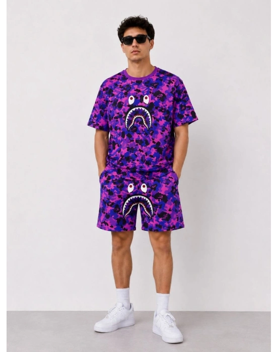 Erkek Oversize Kalıp Pubg Bape X Shark Nakışlı Cepli Şort Takım - Mor