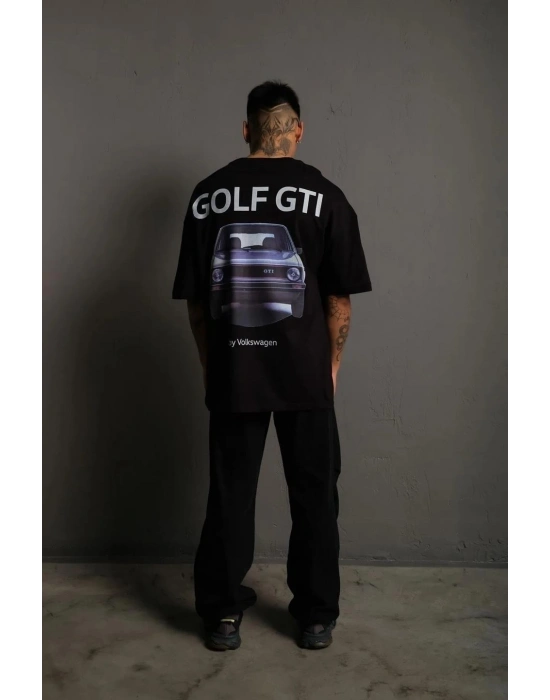 Erkek Oversize Tişört Golf GTI Retro Araba Baskılı T-shirt - Siyah