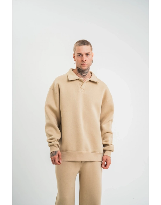 Erkek Patlı Yaka Üç İplik Pamuklu Sweatshirt Double Oversize Rahat Kalıp Günlük Kullanım – Bej