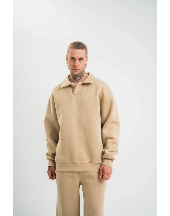 Erkek Patlı Yaka Üç İplik Pamuklu Sweatshirt Double Oversize Rahat Kalıp Günlük Kullanım – Bej
