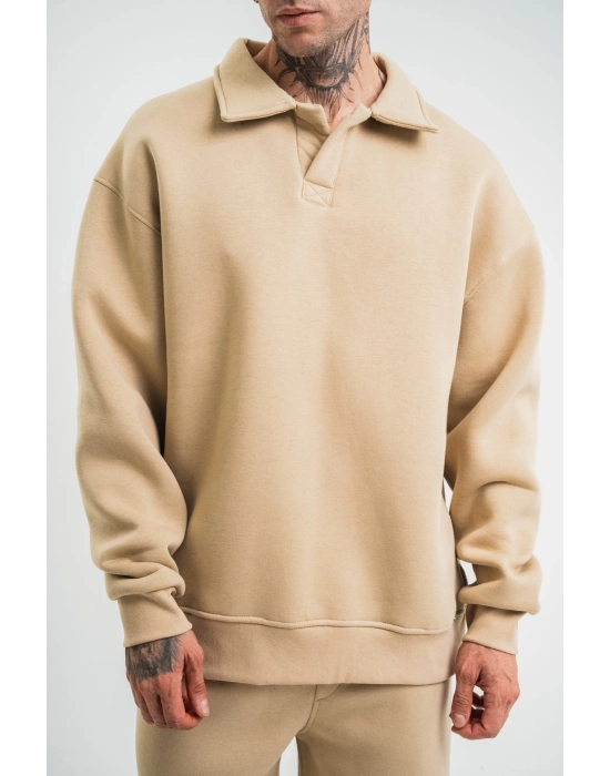 Erkek Patlı Yaka Üç İplik Pamuklu Sweatshirt Double Oversize Rahat Kalıp Günlük Kullanım – Bej