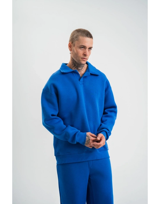 Erkek Patlı Yaka Üç İplik Pamuklu Sweatshirt Double Oversize Rahat Kalıp Günlük Kullanım - Mavi