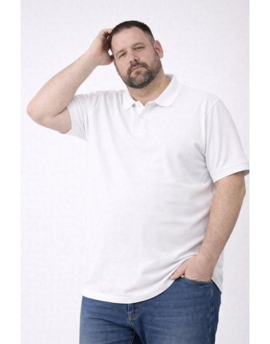 Erkek Pike Kumaş Düğmeli Yaka Battal Büyük Beden Günlük Kısa kol Tişört T-shirt - Beyaz