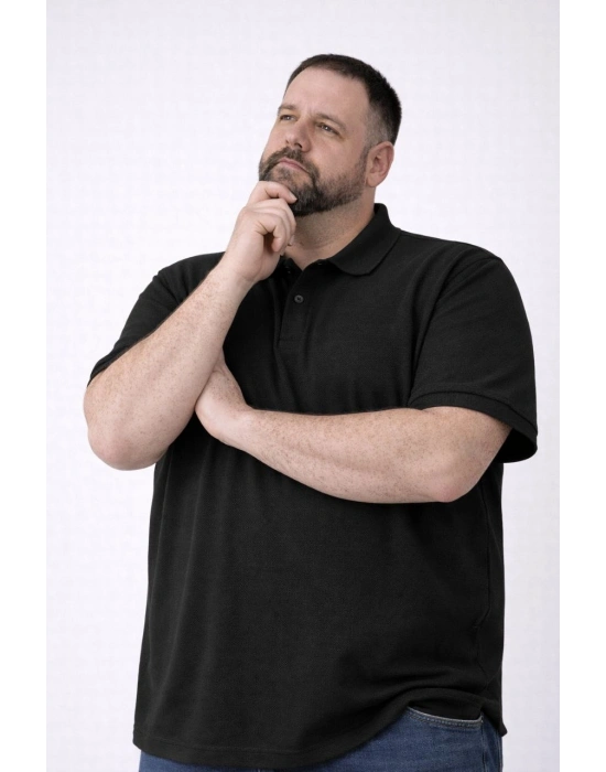 Erkek Pike Kumaş Düğmeli Yaka Battal Büyük Beden Günlük Kısa kol Tişört T-shirt - Siyah