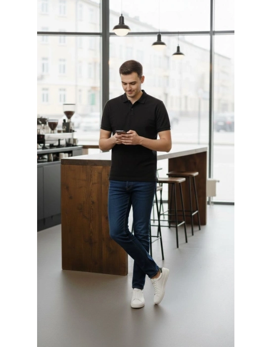 Erkek Pike Kumaş Düğmeli Yaka Regular Fit Günlük Kısa kol Tişört T-shirt - Siyah